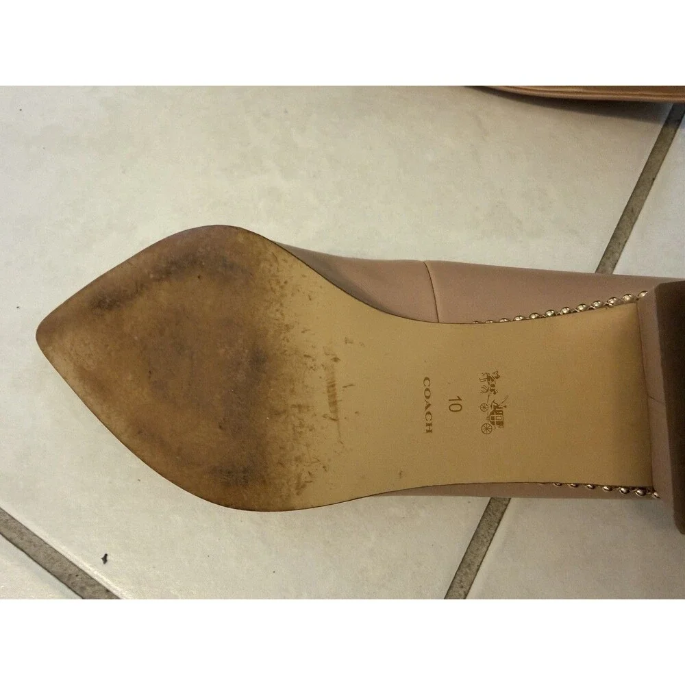 COACH Women’s Beige Pointed Toe Studded Trim Solid Slip-On Block Heel Pumps
